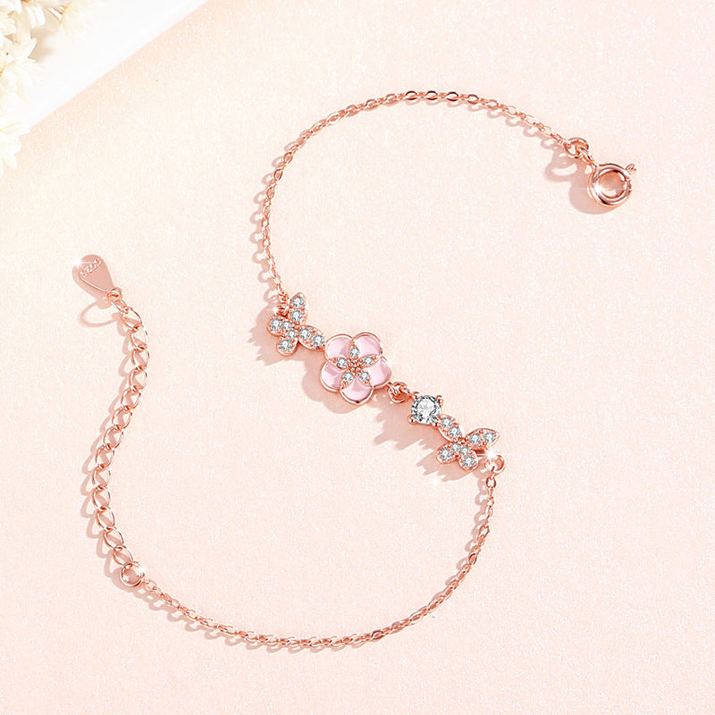 Butterfly Sterling Silver Bracelet Women's Light Luxury Zircon Peach Blossom Bracelet