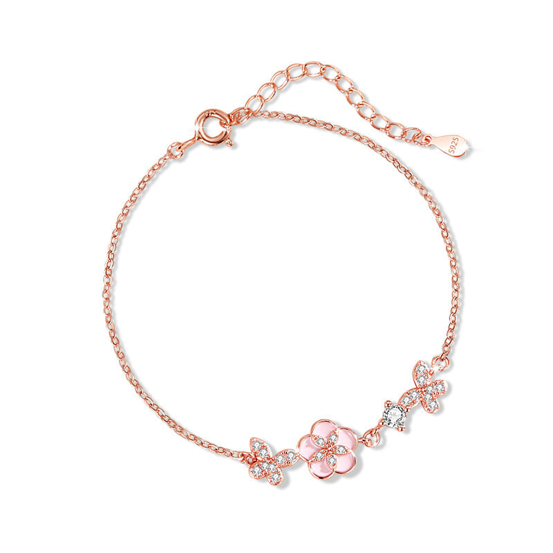 Butterfly Sterling Silver Bracelet Women's Light Luxury Zircon Peach Blossom Bracelet