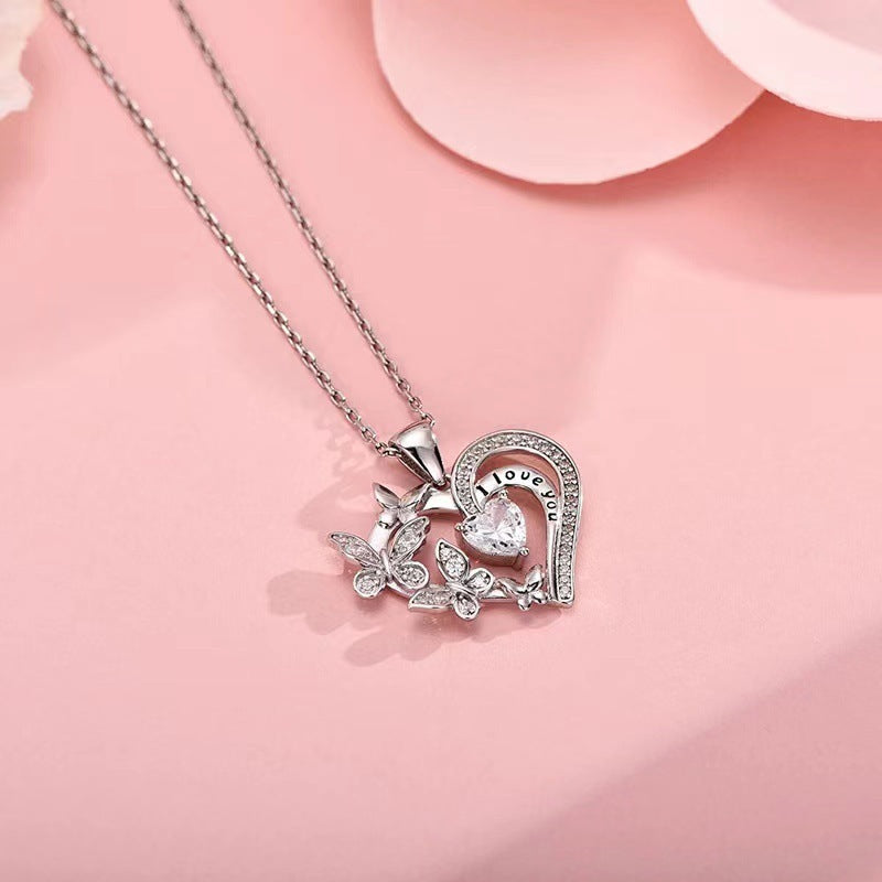 Butterfly Love Necklace With Rhinestones Fashion Personality Hollow Heart-shaped Clavicle Chain Pendant Necklace For Valentine's Day