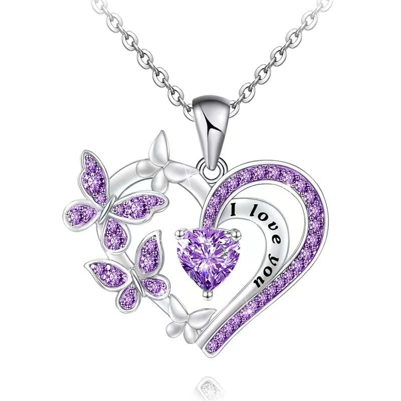 Butterfly Love Necklace With Rhinestones Fashion Personality Hollow Heart-shaped Clavicle Chain Pendant Necklace For Valentine's Day