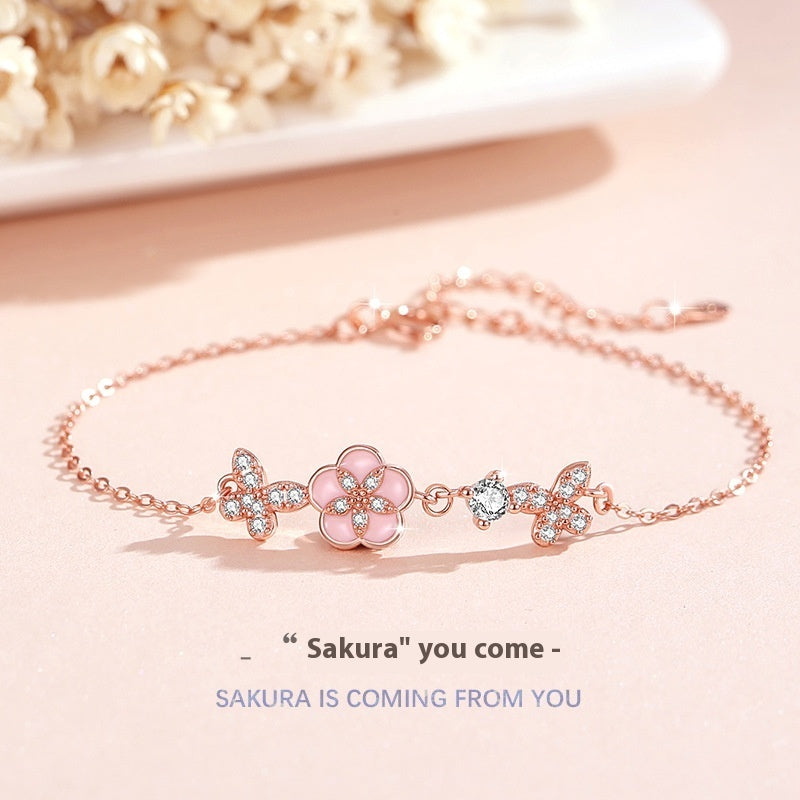Butterfly Sterling Silver Bracelet Women's Light Luxury Zircon Peach Blossom Bracelet